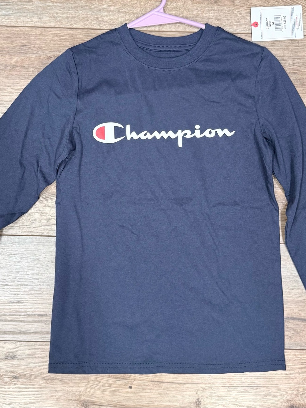 Champion Navy Long Sleeve Logo Tee with White & Red Script
